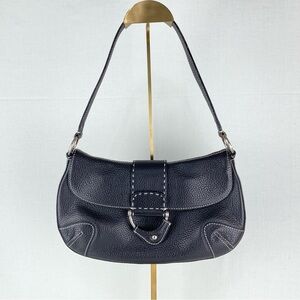 Kate Landry Black With White Stitching Pebble Leather Snap Closure Handbag